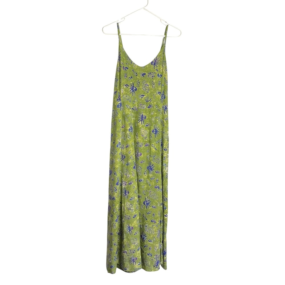 Las Manos Whimsical Sea Life Midi Maxi Dress Size XL Green Purple Smocked Back